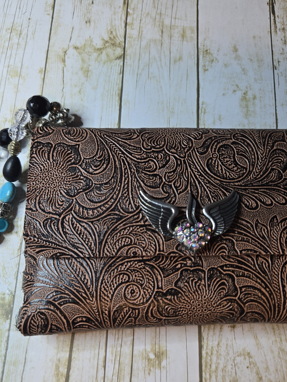 Bronze Floral Embossed Wallet with Winged Heart Accent